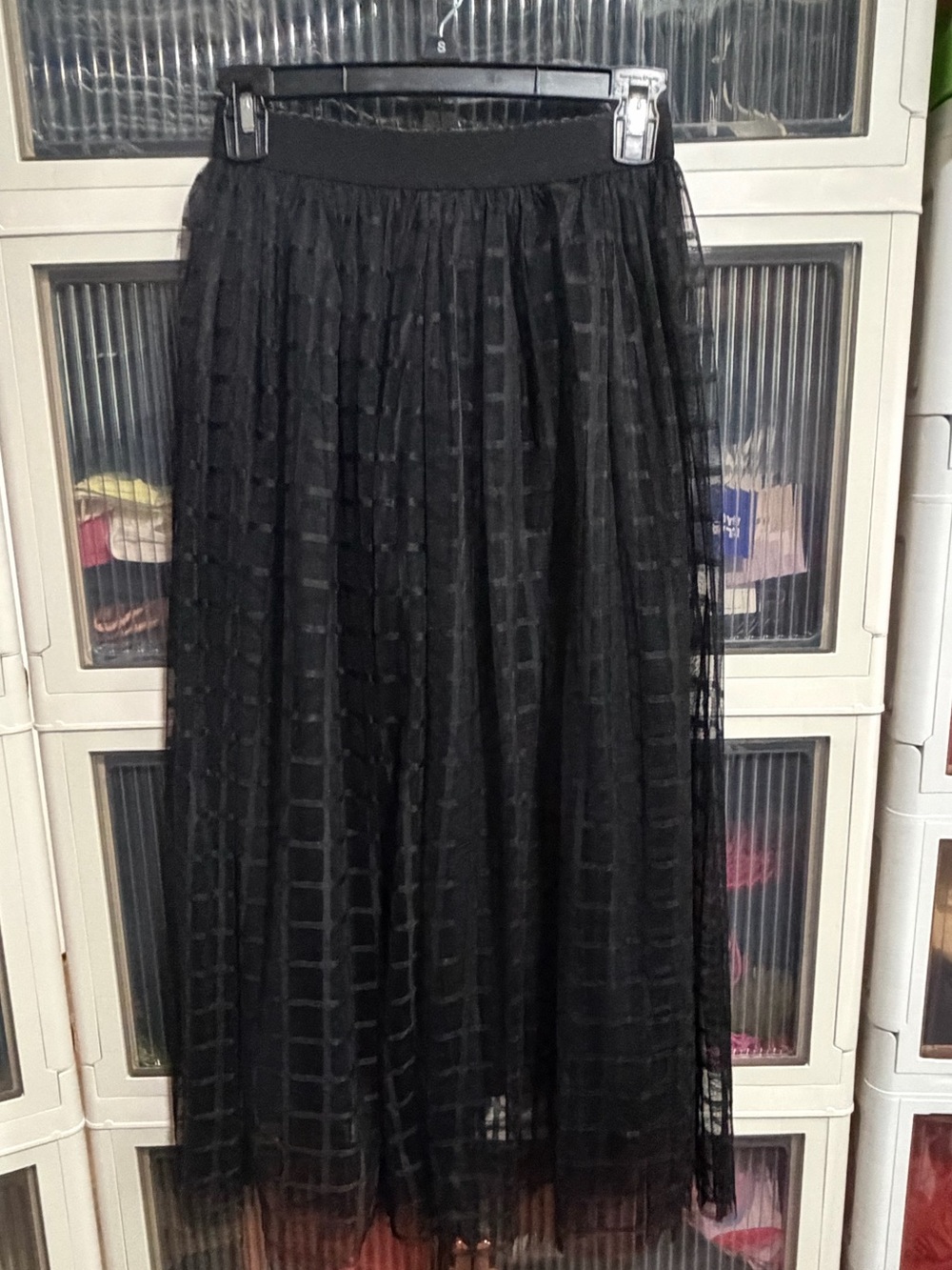 SHEIN Black Grid Tulle Midi Skirt